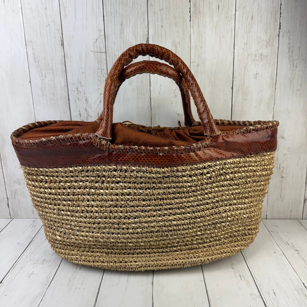 VTG Beirn Brown Cotton Raffia and Leather Trim Shoulder Tote Bag Hand Made